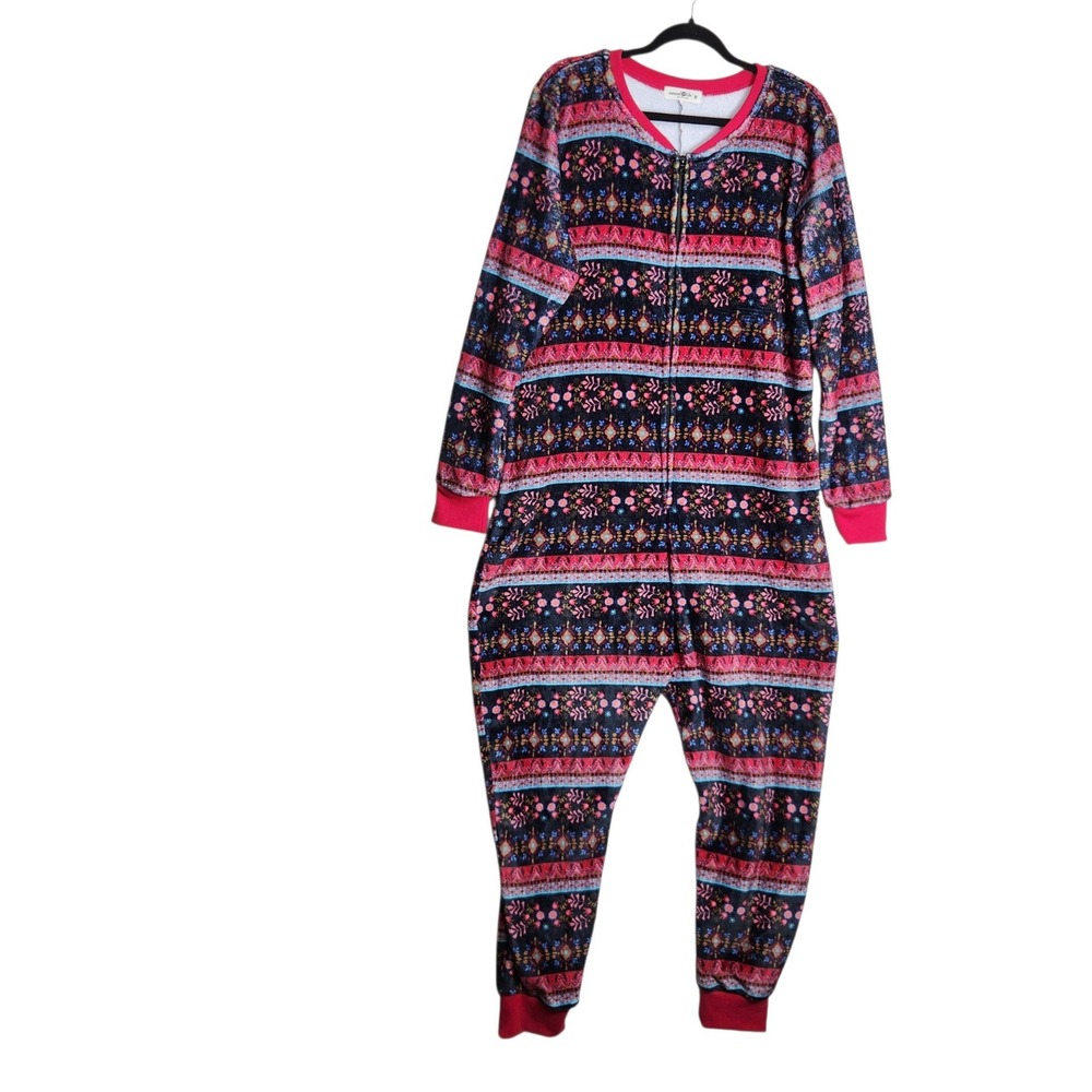 Natural Life Fleece Zip Up Union Suit Pajamas Pink Blue Boho Floral Medium